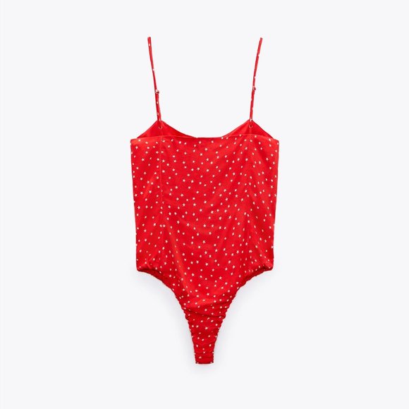 NWT - Zara Red Lace Up Satin Effect Star Print Bodysuit Side Zip - Picture 3 of 7